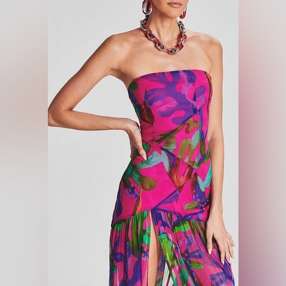 Vibrant Y2K Style Tropical Print Sheer Strapless Maxi Dress - Picture 2 of 4